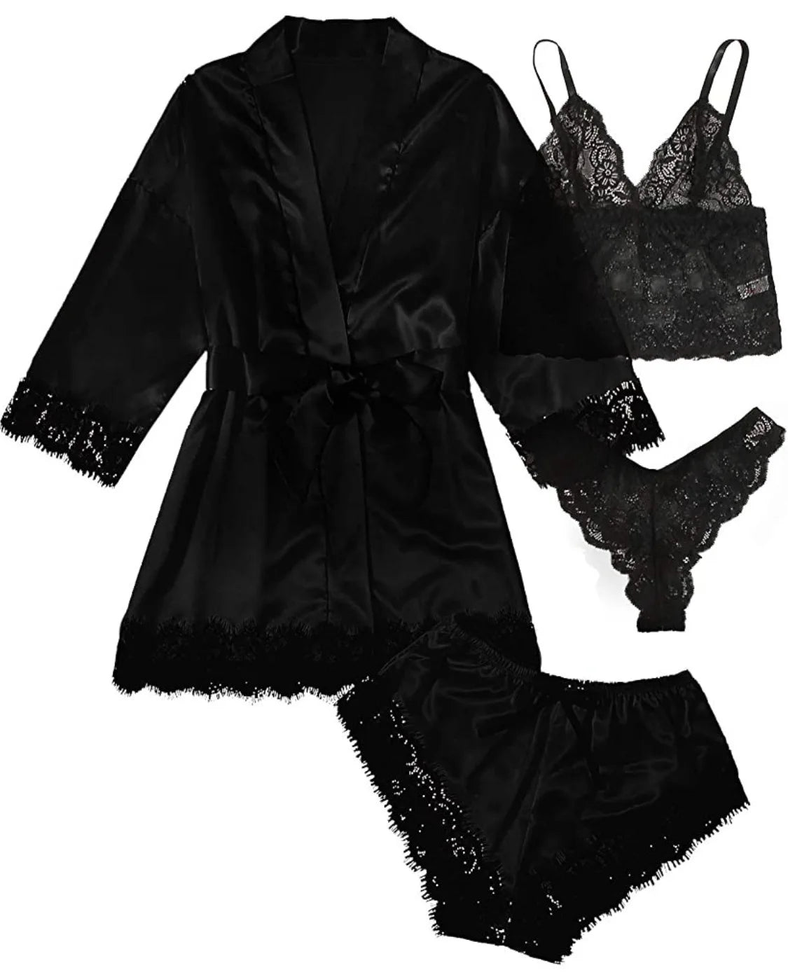Women Fashion Pajama Print – Sexy Lace Trim Faux Silk Satin Pajama Set Gown, Skin-Friendly Comfort Loungewear, Sexy Pajamas