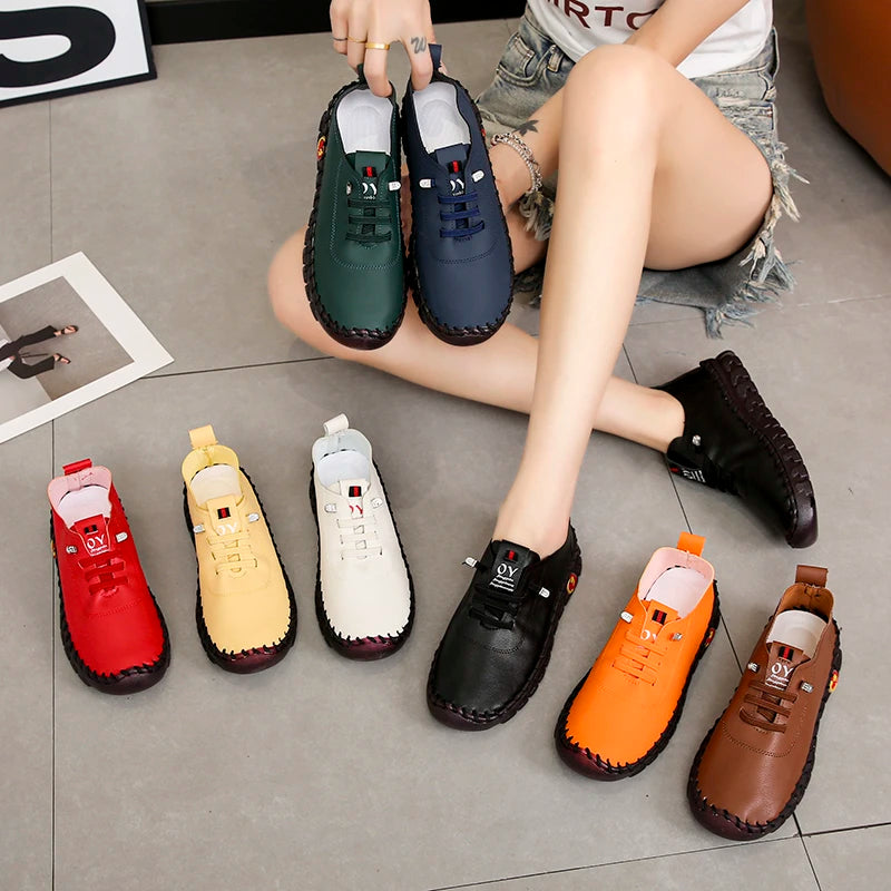 Lace-Up Leather Loafers - Flat Casual Shoes for Women, New Spring Collection, Outdoor Travel and Walking Sneakers