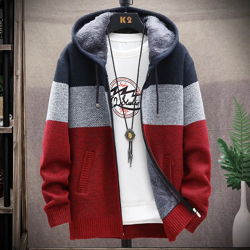 Cardigan Sweater Men – Fleece Zipper, Velvet Contrast Striped Sweater Coat, Casual Jacket for Autumn and Winter