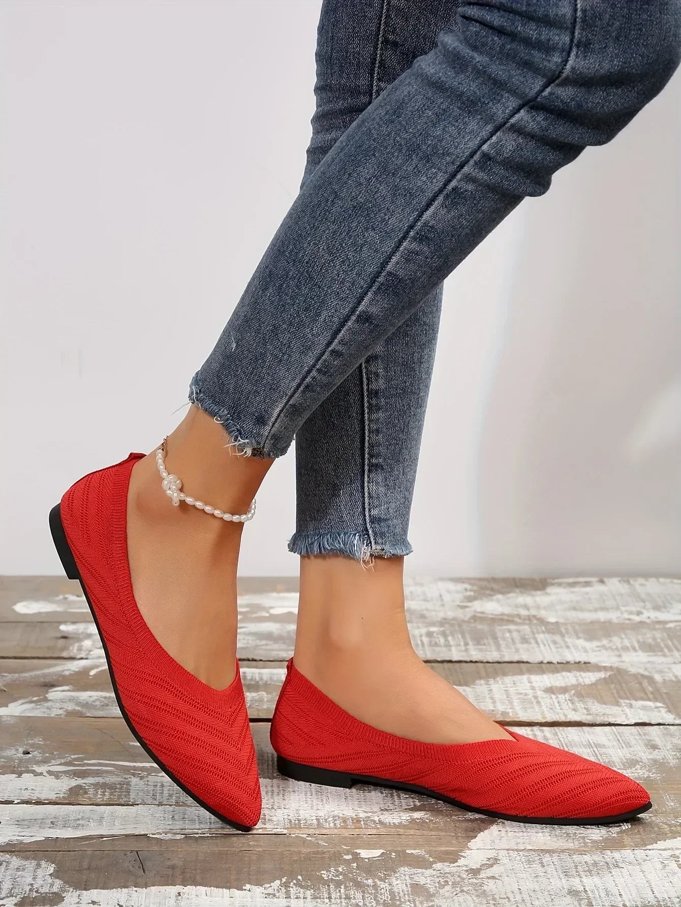 Pointed Toe Flats - Solid Color Knitted Slip-On Office Shoes, Casual Ballet Flats, Women's Loafers, Zapatos de Mujer