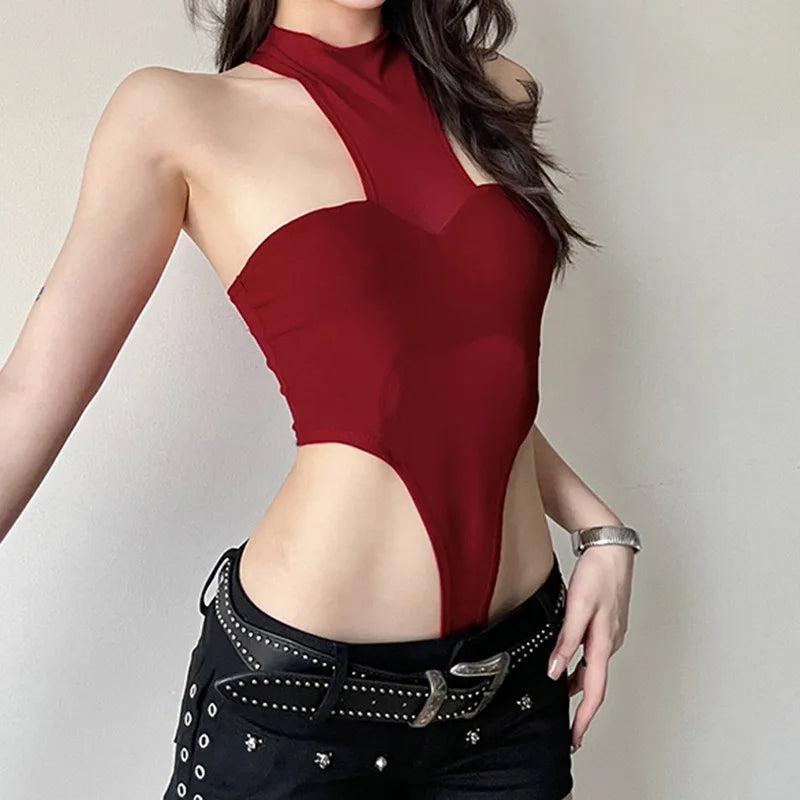 Red See-Through Mesh Bodysuit – Sexy Lingerie, Neck-Mounted, Y2K Festival Outfit