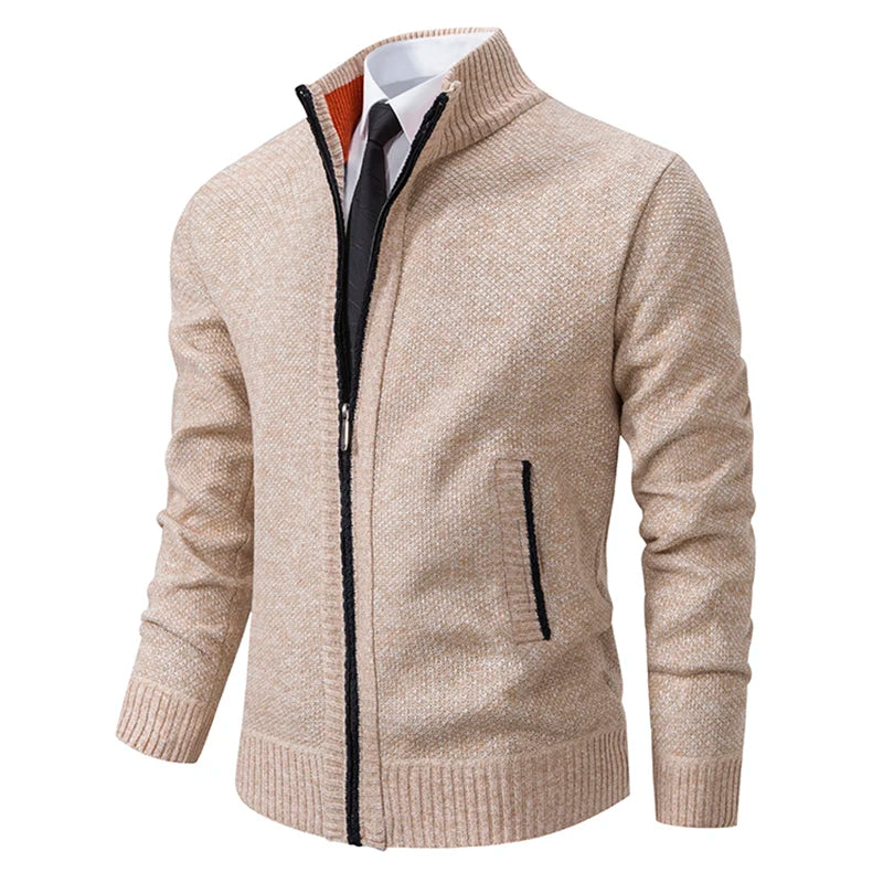 Jersey Men's Casual Sports Coat – Solid Color Stand Collar Sweater, Fleece-Lined, Warm Zipper Cardigan