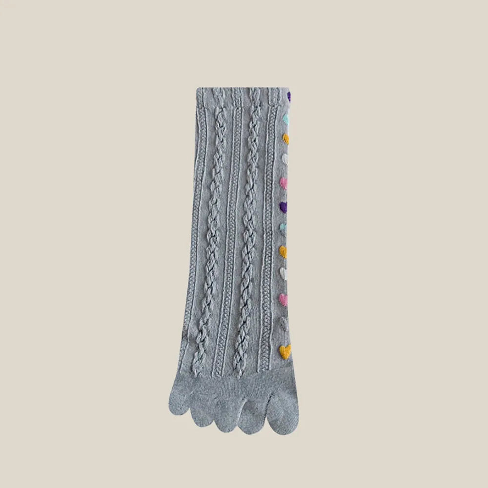 Colorful Heart Braid Five Finger Socks for Women – Spring Autumn, Middle Tube, Cotton, Breathable, Crew Socks, Streetwear