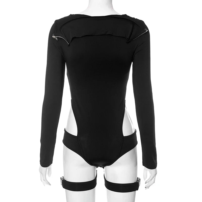 Zip Turtleneck Buckle Cutout Bodysuit – Long Sleeve, Sexy Club Romper, Black Techwear Jumpsuit for Women