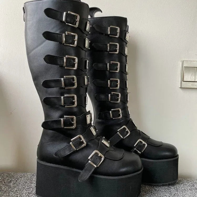 Women Boots Cosplay – High Heel Platform Wedge Boots with Gothic Buckle Strap Design