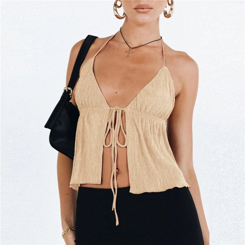 Sexy Summer Cami Top – Bowknot, Lace-Up, Sleeveless, Cropped, Elegant, Youth Fashion, Off-Shoulder, New Arrival