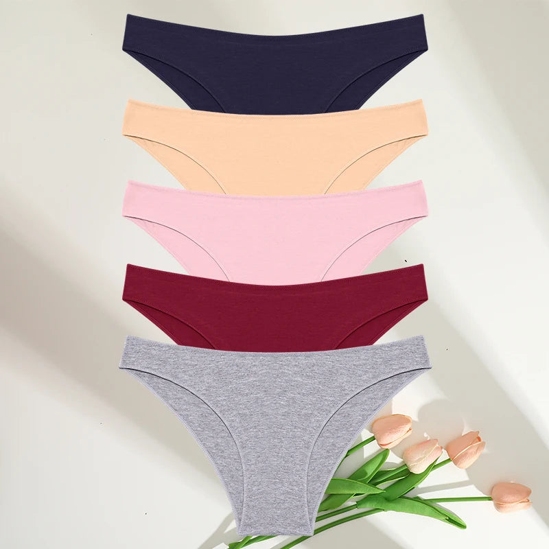5PCS Set Women's Cotton Panties – Sexy Lingerie, Soft Underwear, Comfortable Briefs, 7 Solid Colors