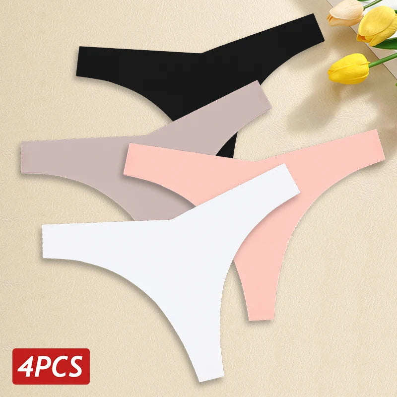 4PCS Women's Seamless Ice Silk Thongs – Sexy, Low Waist, Ultra-Thin, Breathable, T-Back Underwear, No Trace Lingerie