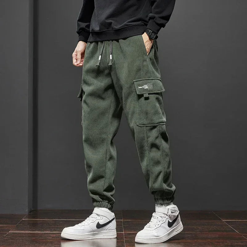 Men's Corduroy Harem Cargo Pants – Spring Autumn Streetwear, Army Green/Gray/Black, Elastic Waist Casual Joggers Sweatpants