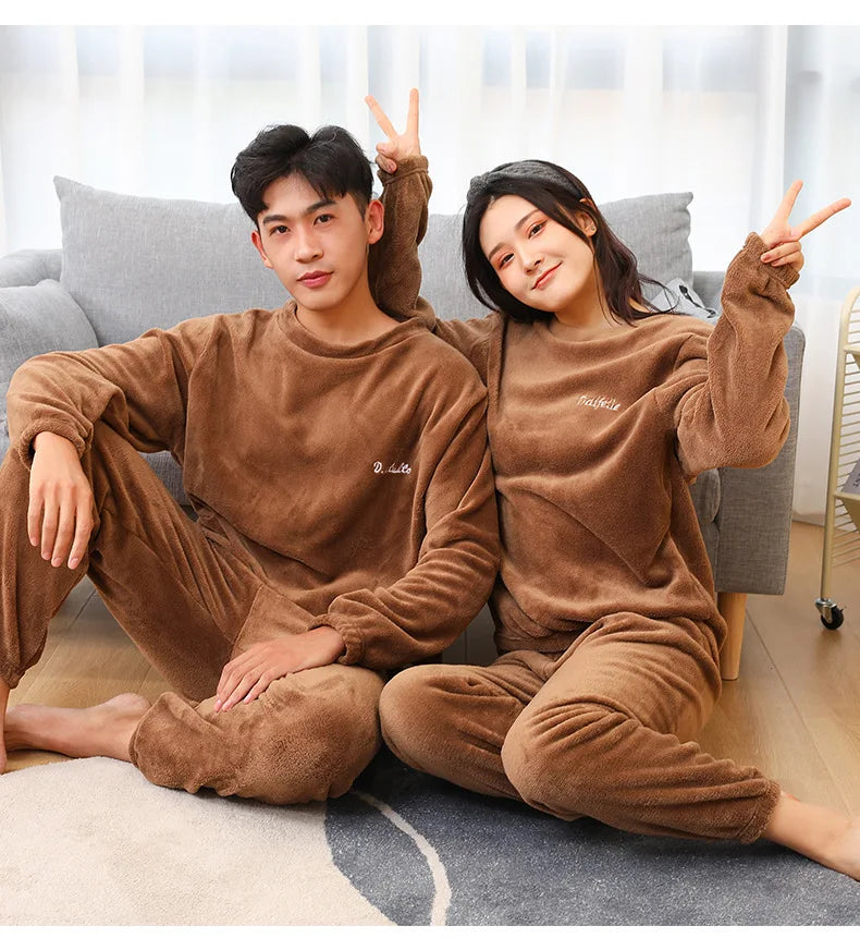 Men's Coral Velvet Pajamas – Thickened, Warm, Long Sleeve & Trousers, Solid Color, Soft Sleepwear, Autumn Winter 2PCS Set