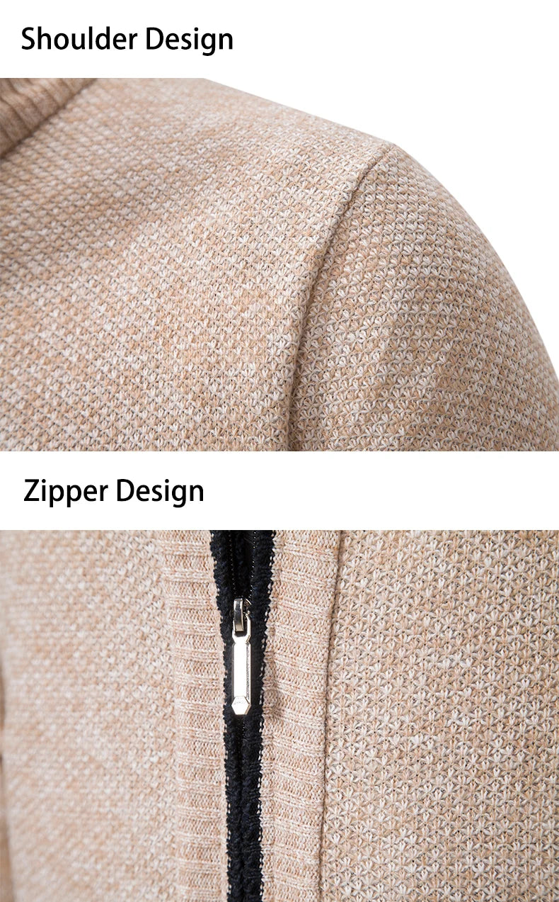Jersey Men's Casual Sports Coat – Solid Color Stand Collar Sweater, Fleece-Lined, Warm Zipper Cardigan