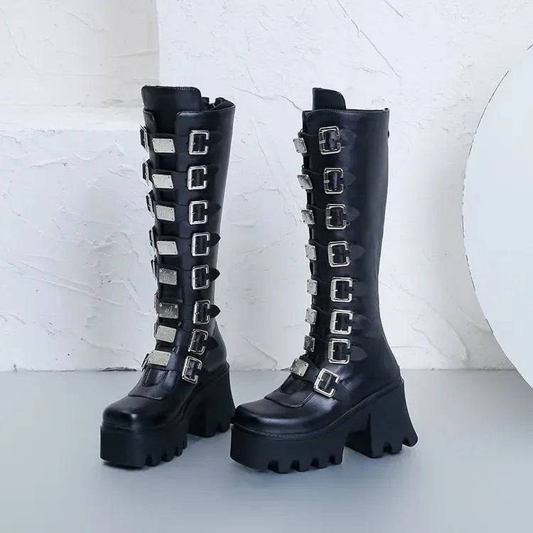Women Boots Cosplay – High Heel Platform Wedge Boots with Gothic Buckle Strap Design