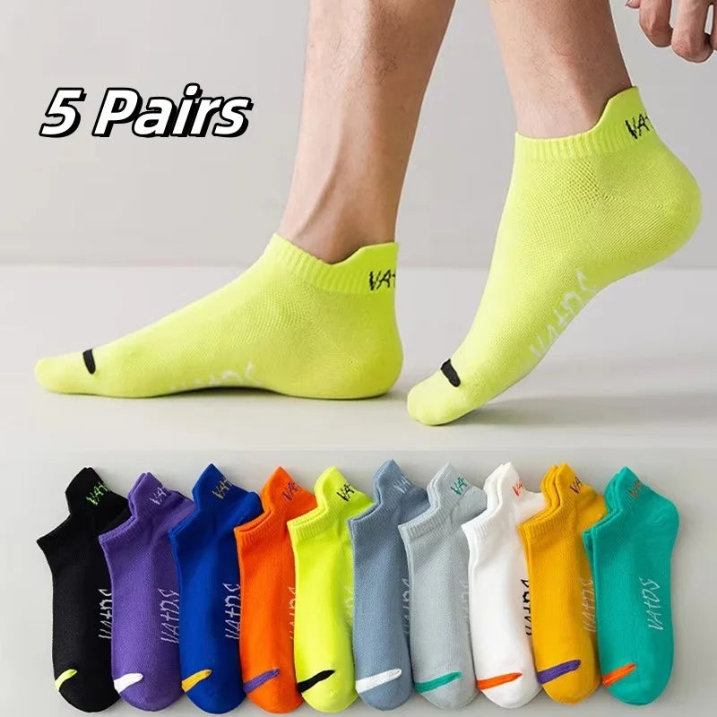 5/10 Pairs Bright Color Ankle No Show Socks – Men, Breathable, Street Fashion, Sport, Deodorant, Invisible, Travel, Running Socks