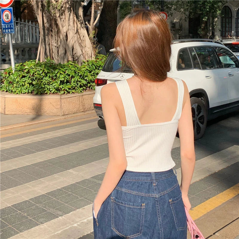 Women's Y2K Cropped Top – Built-in Bra Pads, Summer Corset Style, Korean Suspenders, Sexy Camisole, Slim Fit, New Arrival