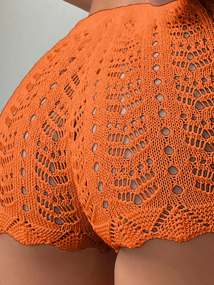 Hollow Drawstring Knitted Shorts – 100% Polyester, Open Waist, Bikini Cover-Up