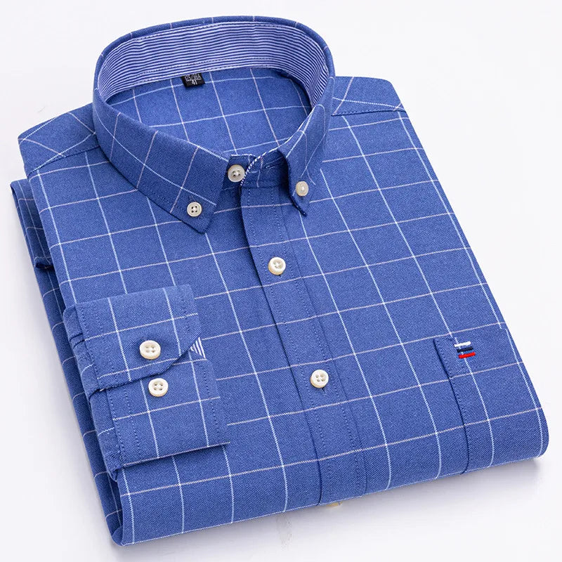 Men's 100% Cotton Shirt – Long Sleeve Plaid Oxford, Plaid, Regular Fit Formal Dress Shirt, Available In Oversized
