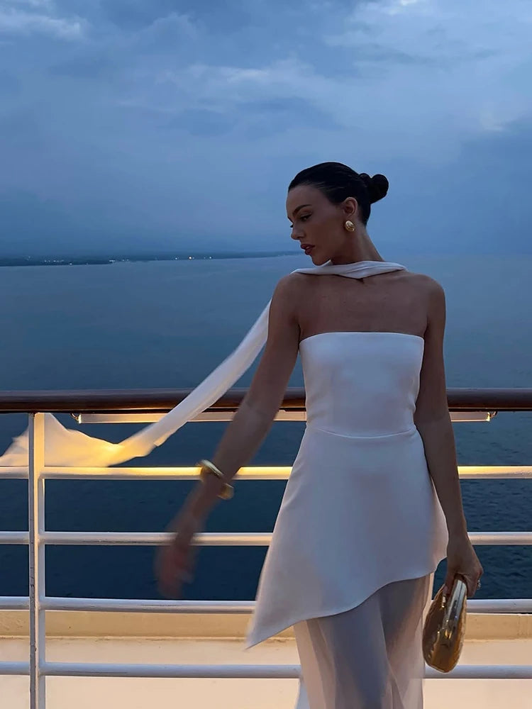 Elegant Strapless Mesh Dress – Ribbon Detail, Sleeveless, Long Beach Vacation Dress, Spring Fashion