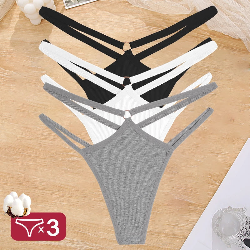 3PCS Set Women's Cotton G-String Thongs – Low Waist, Sexy, Hollow Out, Elastic, Breathable Lingerie