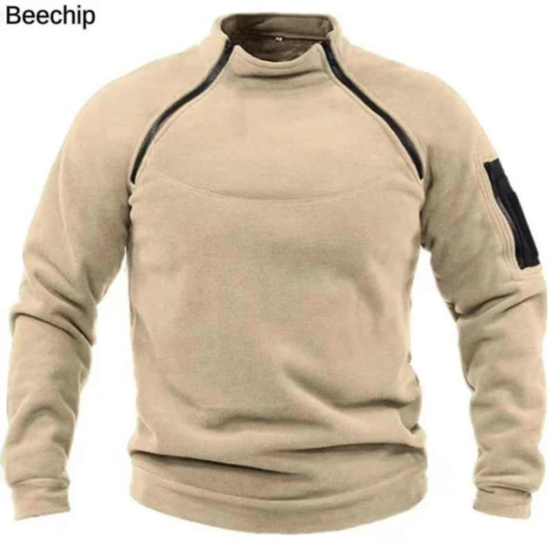 Men's Outdoor Warm and Breathable Tactical Sweater – Zipper Design, Standing Neck, Long Sleeves, Thickened Solid Color