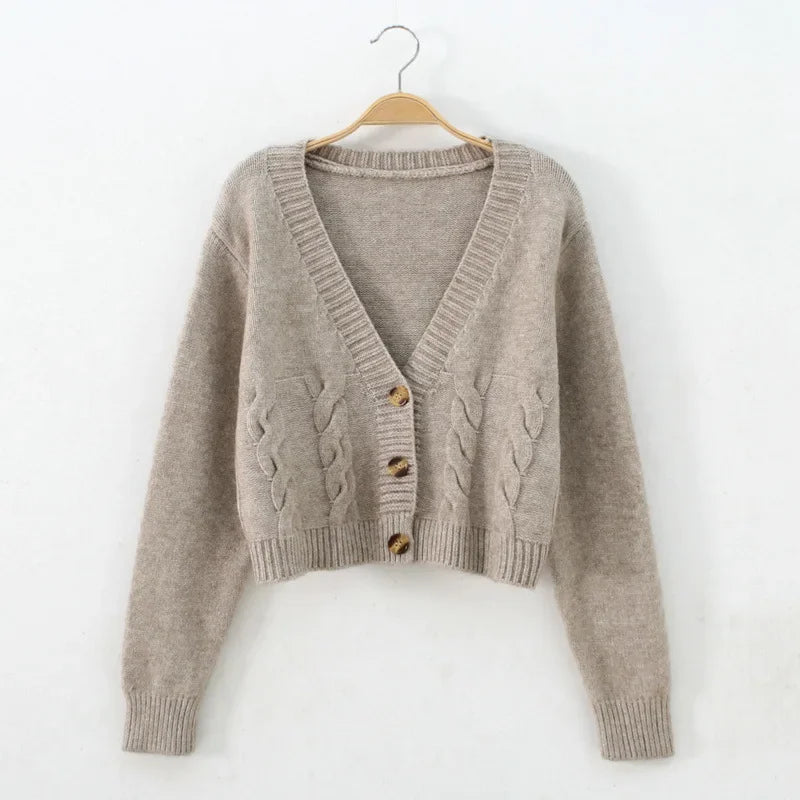 V-Neck Cropped Cardigan – Twist Knitted, Long Sleeve, Warm Autumn Winter Korean Jacket