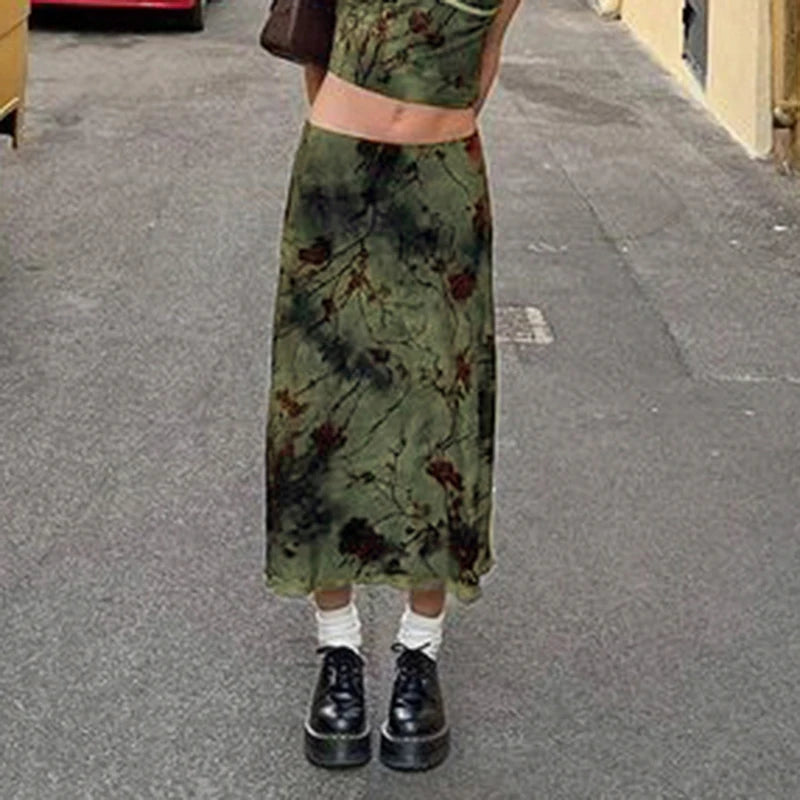 Floral Print Long Skirt – Vintage Low-Rise, Straight Midi, Spring Summer, Y2K Style
