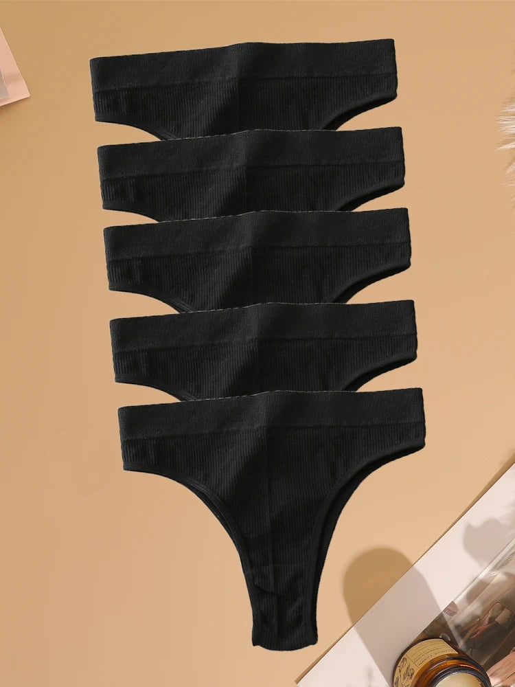 5PCS Seamless Ribbed Striped Panties – Sexy Low-Waist, Brazilian Style, Solid Color, G-String Lingerie