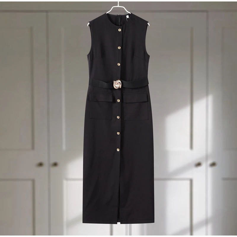 Urban Women Single-Breasted Dress – O-Neck, Sleeveless, Pocket Design, Mid-Length, Spring/Summer, Solid Color, Elegant Lady Robe