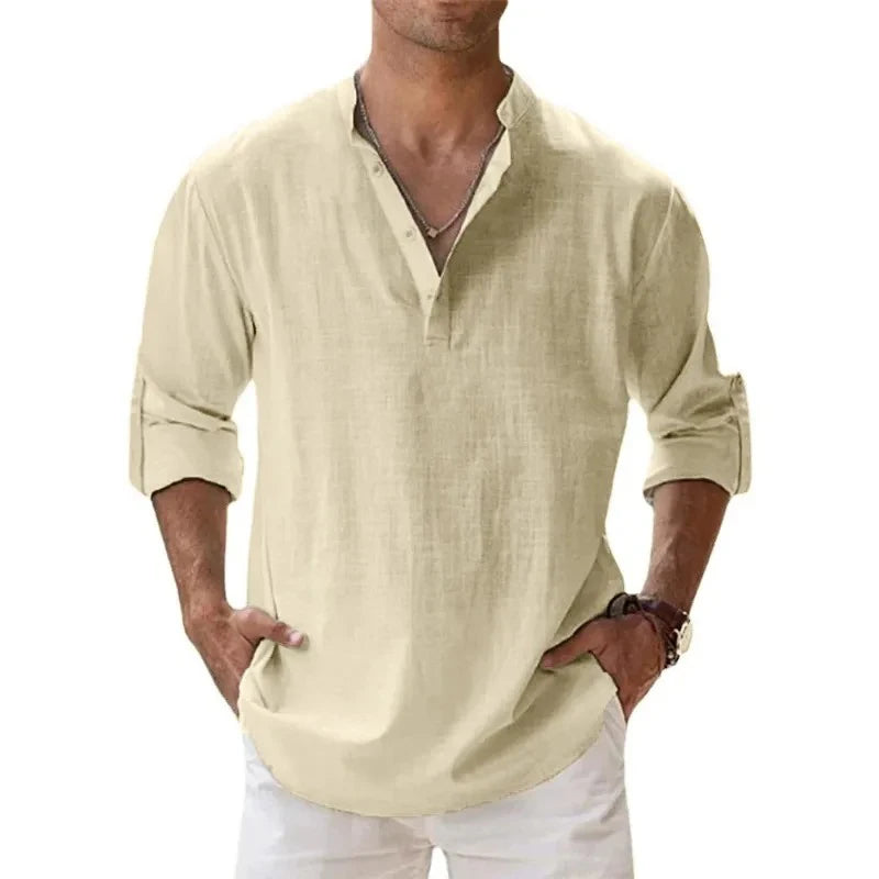 Streetwear Men Lightweight Shirts – Long Sleeve Henley Cotton Linen Shirts for Men, Beach Hawaiian Shirts, Breathable Collar T-shirts