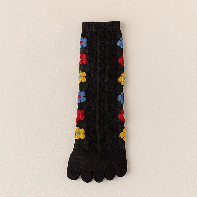 Colorful Heart Braid Five Finger Socks for Women – Spring Autumn, Middle Tube, Cotton, Breathable, Crew Socks, Streetwear