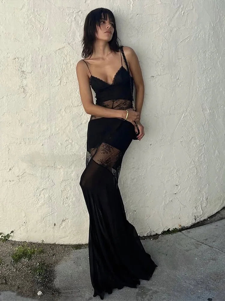 Lace See-Through Sling Maxi Dress – Sexy Slim Black Backless Sleeveless Long Dress, Summer Chic Party Evening Robe