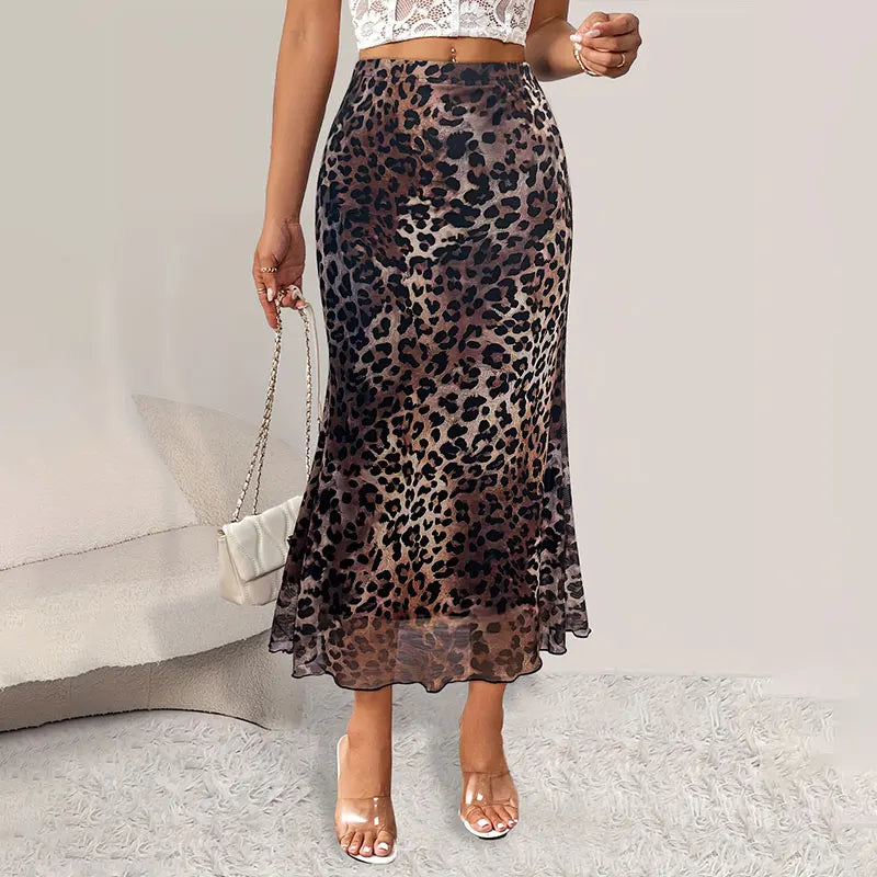 Women's High-Waisted A-Line Skirt – Classic Office Style, Loose Fit, Elegant Leopard Print, Long Skirt