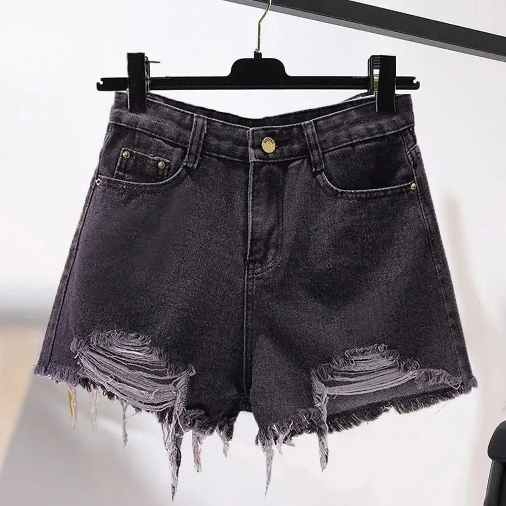 Women's Cowboy Shorts – Korean Style, High Waist, Casual, Denim, Pocket Design, Tassel, Perforated, Ripped Holes, Y2K White Jeans