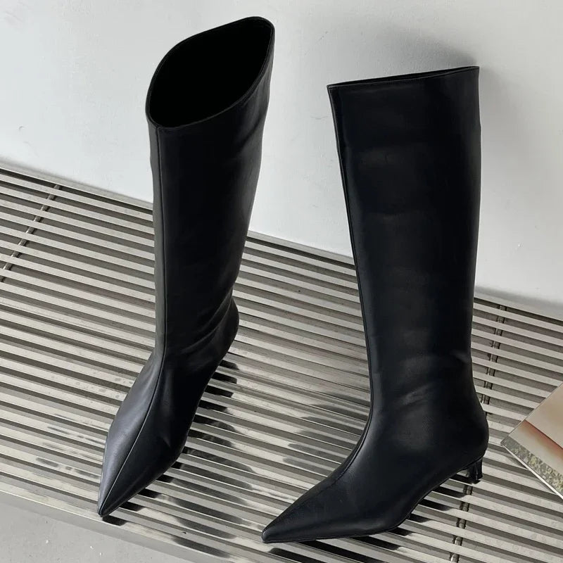 Fashion Sexy Pointed Low Heels Knee-High Boots – Women's Spring/Autumn PU Party Western Boots