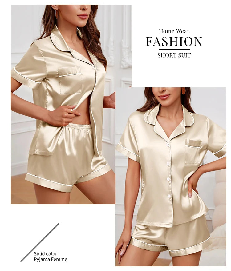 Luxurious Satin Pajama for Women – Summer Sleepwear, Short Sleeve Top with Button-Up Lapel Collar & Shorts, Femme Lounge Set