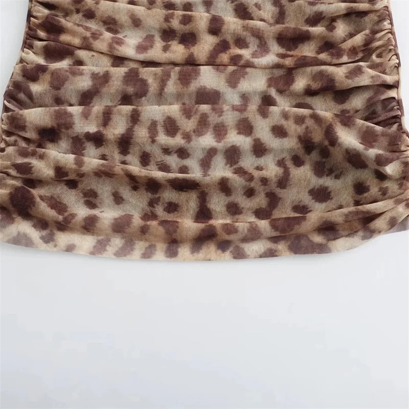 Leopard Print Crop Top – Ruched Tulle, Corset Style, Off-Shoulder, Halter Neck, Sexy, Backless, Tube Top, Women's Fashion