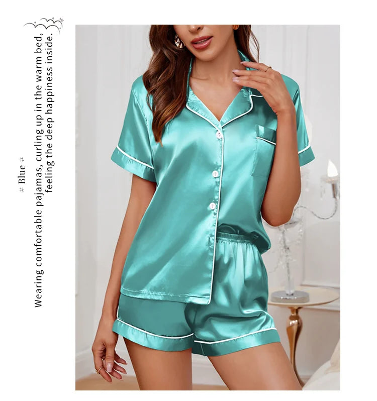 Luxurious Satin Pajama for Women – Summer Sleepwear, Short Sleeve Top with Button-Up Lapel Collar & Shorts, Femme Lounge Set