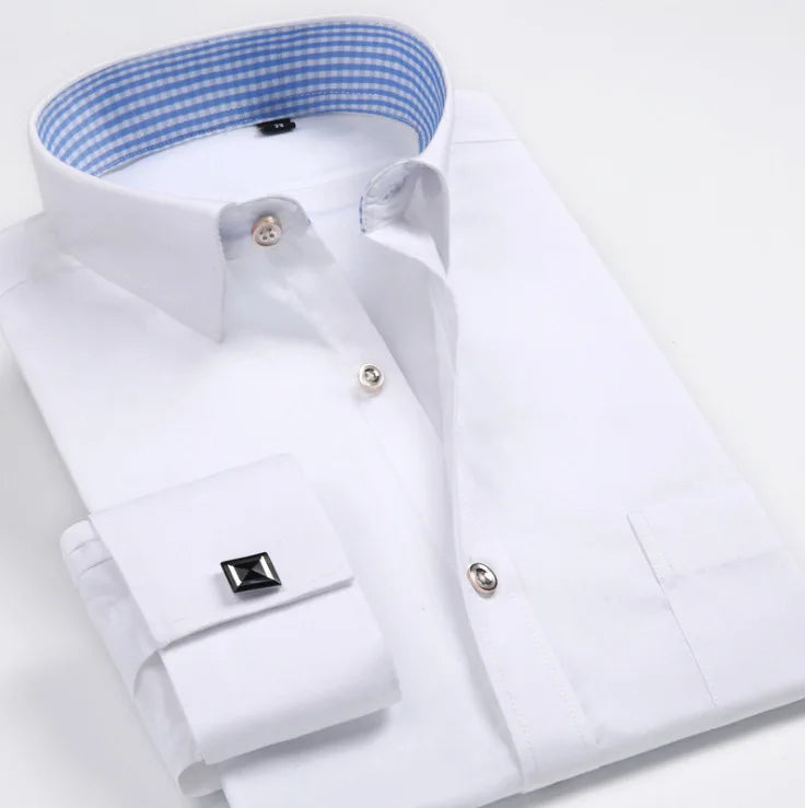 Men's French Cuff Formal Shirt – New White Long-Sleeved Business Button Shirt, Regular Fit With Cuff Buttons