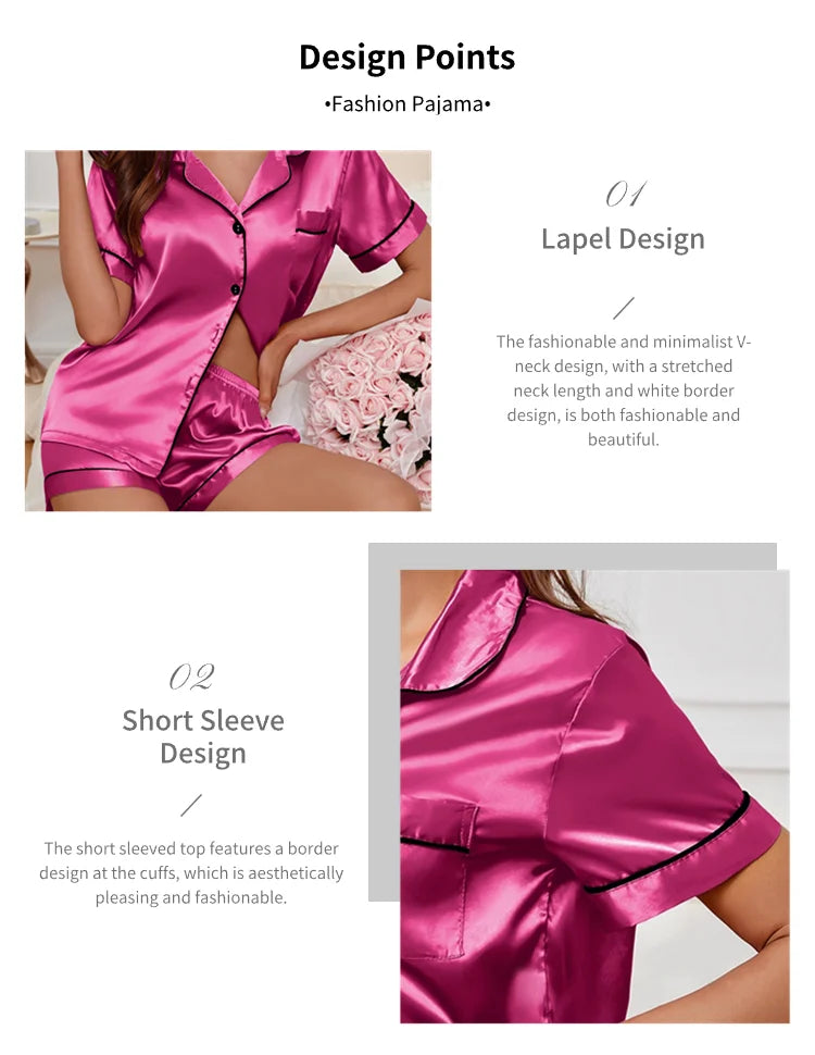 Luxurious Satin Pajama for Women – Summer Sleepwear, Short Sleeve Top with Button-Up Lapel Collar & Shorts, Femme Lounge Set