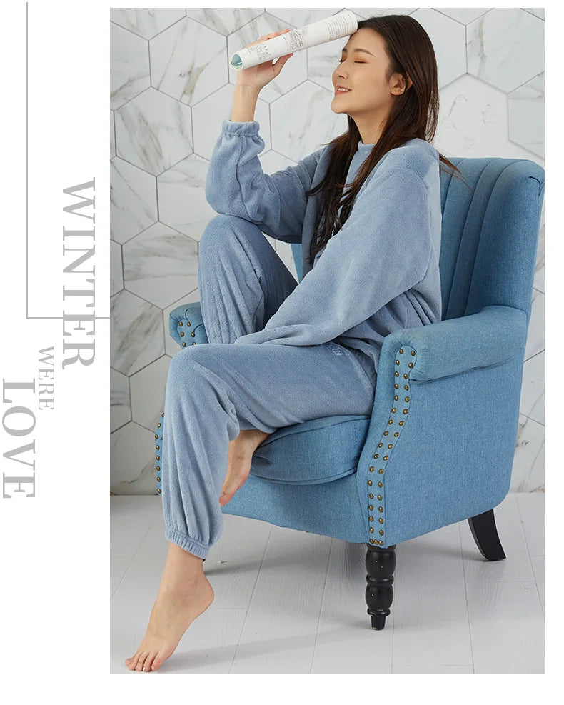Men's Coral Velvet Pajamas – Thickened, Warm, Long Sleeve & Trousers, Solid Color, Soft Sleepwear, Autumn Winter 2PCS Set