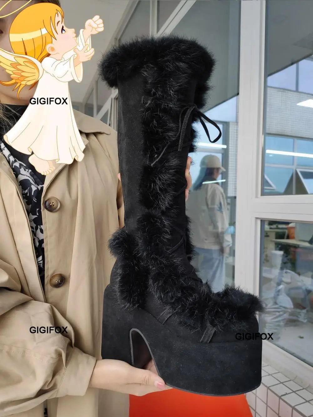 Platform Furry Boots - Chunky High Heeled Winter Autumn Knee-High Boots for Women, Faux Fur Zip, Gothic Punk Style