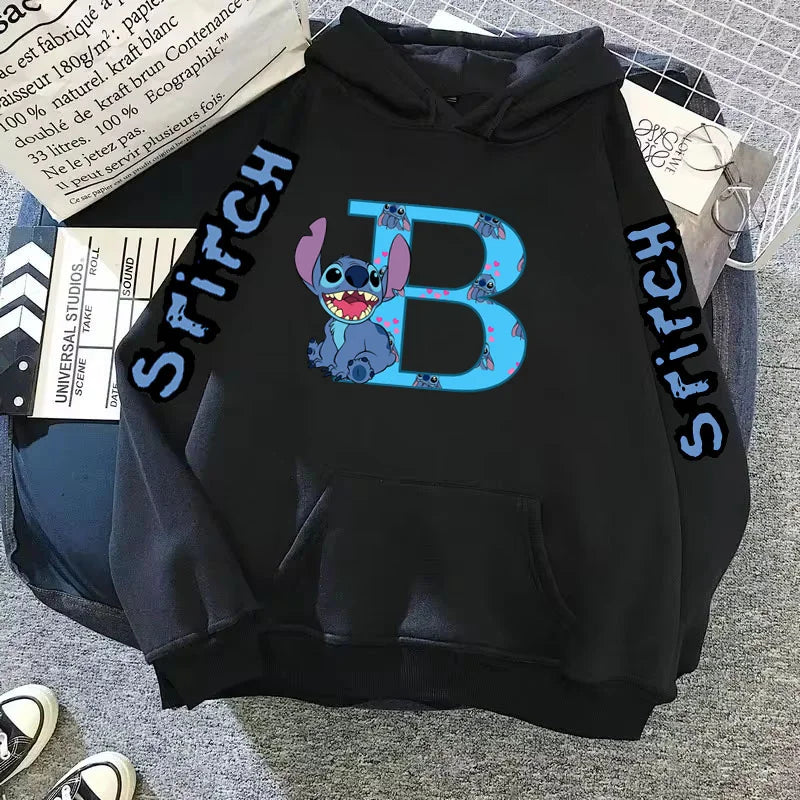 Women's Winter Disney Hoodie – Cute Kawaii Lilo & Stitch, Lucky Letter Print, Black, Fashion Couple Streetwear (Big Size)