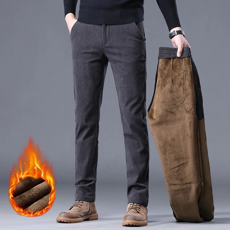 Fleece Men's Corduroy Casual Pants – Chenille Thick Stretch, Mid-Rise, Business Trousers, Winter Thermal Brand Pants