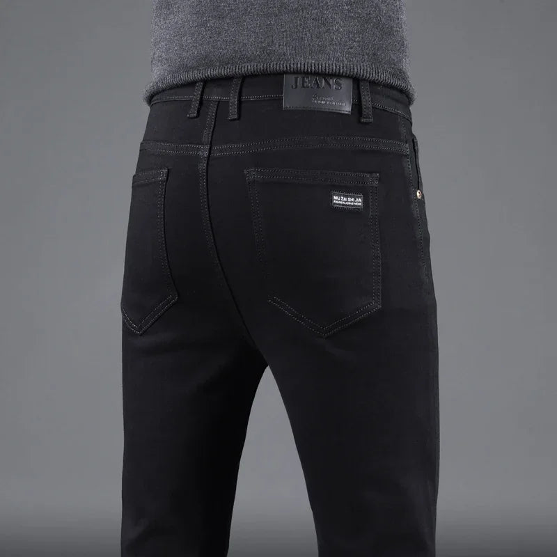 Men's Pure Black Slim Jeans – Elastic Straight Fit, Business Fashion, Leisure Style, Korean Vintage Denim Pants for Spring and Autumn