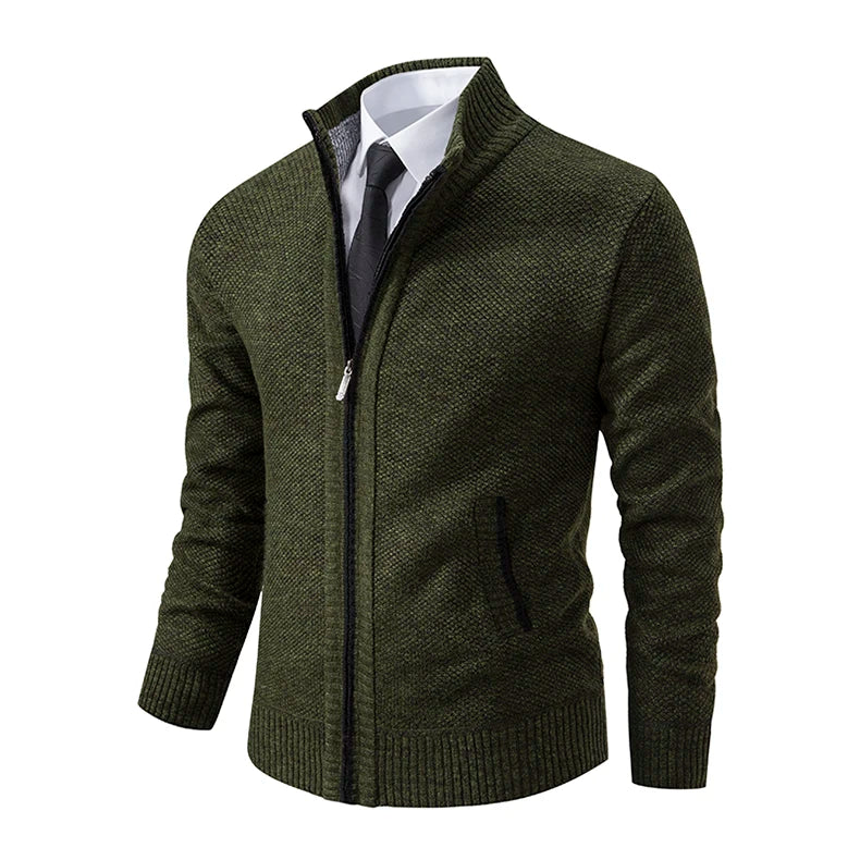 Jersey Men's Casual Sports Coat – Solid Color Stand Collar Sweater, Fleece-Lined, Warm Zipper Cardigan