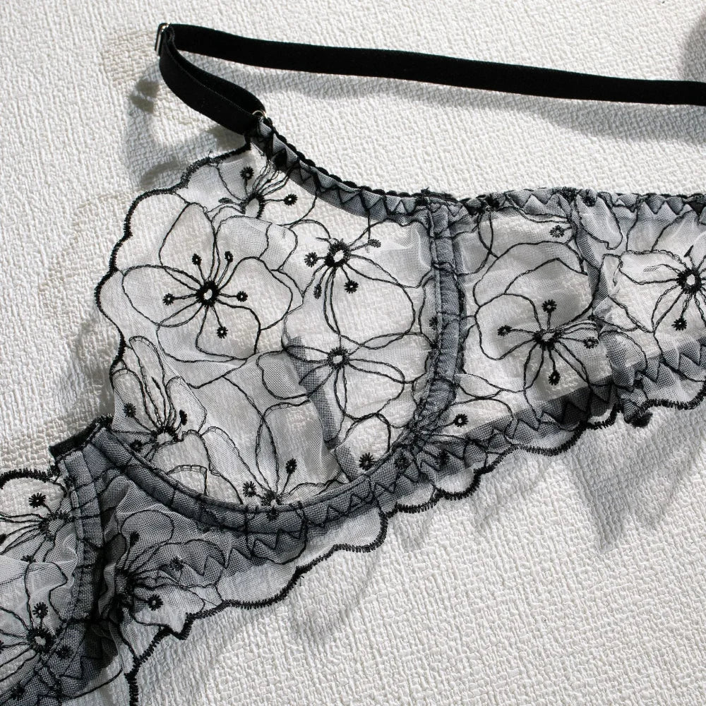 Floral Embroidery Erotic Set – Women's Transparent 3PCS Lingerie Set with Garter, Available in 3 Colors
