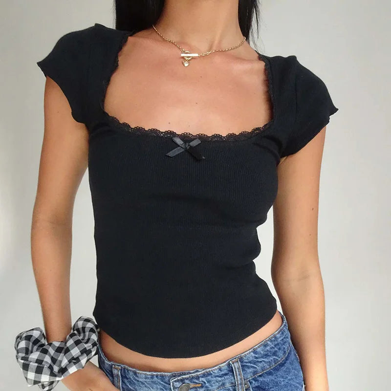Y2K Vintage Baby Tee – Cottagecore Lace Trim, Knitted Square Neck Crop Top for Women