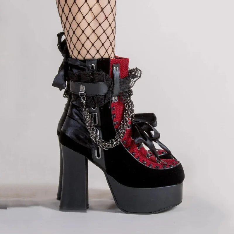 Gothic Style Chain Lace Up Bow Women Short Boots – Retro Round Toe, Square Heel, Chunky Platform Ankle Boots, Punk Ladies Party Shoes