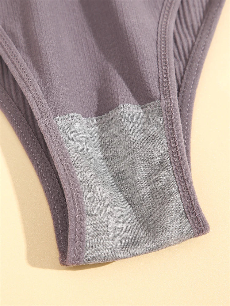 5PCS Seamless Ribbed Striped Panties – Sexy Low-Waist, Brazilian Style, Solid Color, G-String Lingerie