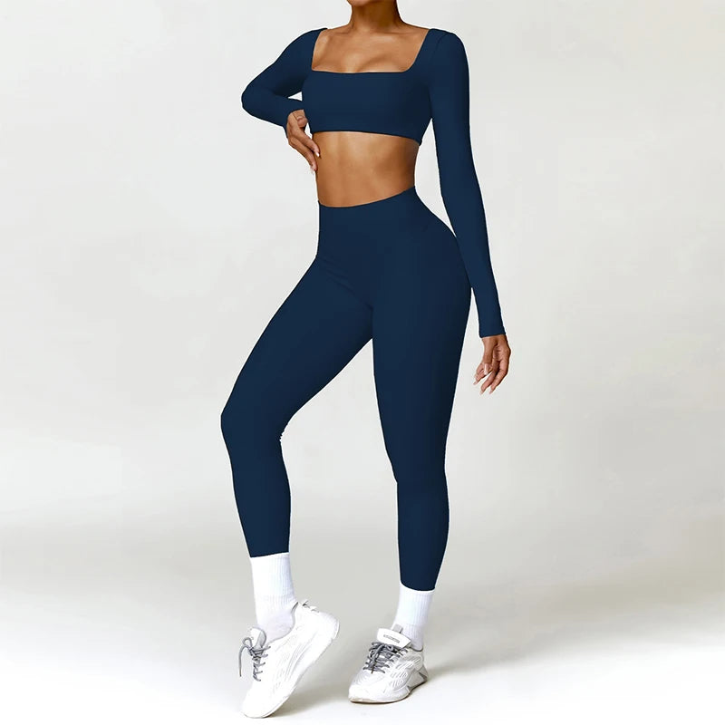2PCS Women's Yoga & Gym Set – Quick-Dry Long Sleeve Sports Shirt & Leggings for Running & Workout