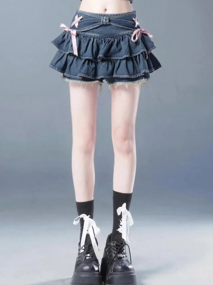 Denim Pleated A-Line Skirt – Bow Fold Design, Built-in Shorts, American Spicy Girl, Korean Fashion